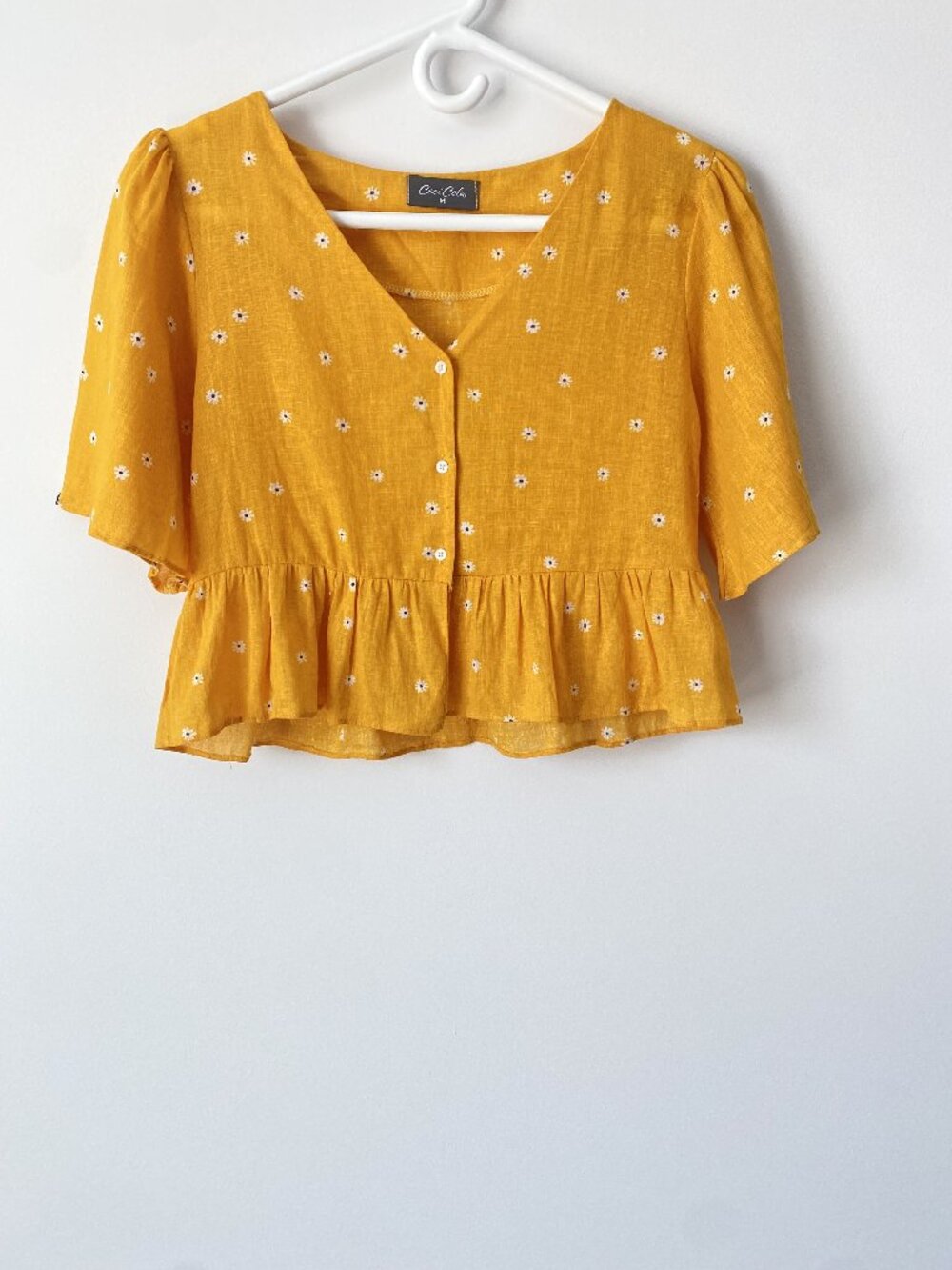 Ceci Cela Womens Cotton Blend Peplum Blouse M Yellow Cottagecore Floral Boho